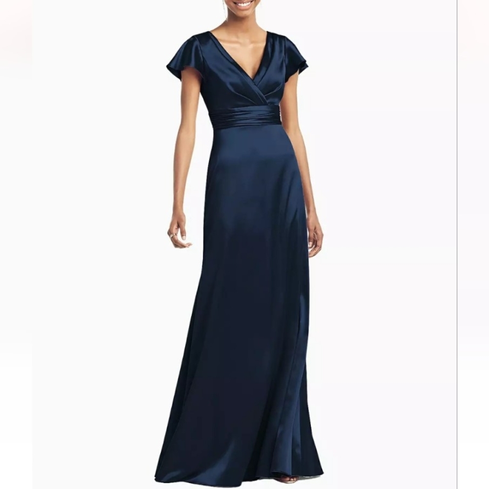 Social Bridesmaids Blue Satin Flutter Sleeve Draped Wrap Formal Gown 4